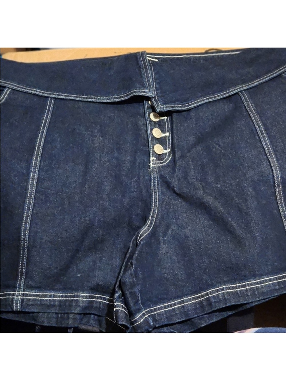 Eloquii Dark Blue High-Rise Denim Shorts with Button Fly/Fold over waist